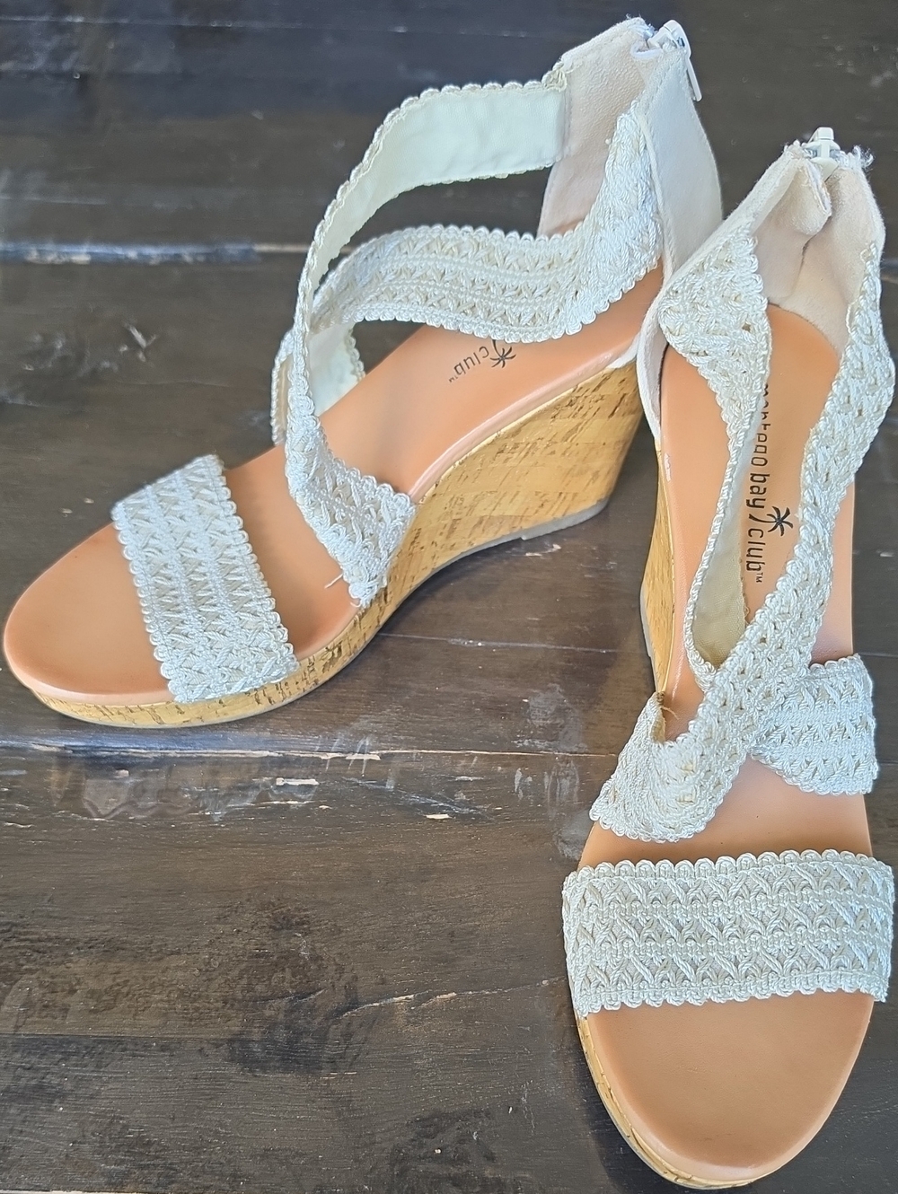 (9.5) Montego Bay Club Cream Scalloped Lace Cork Wedge Sandals 90s Club Nightout